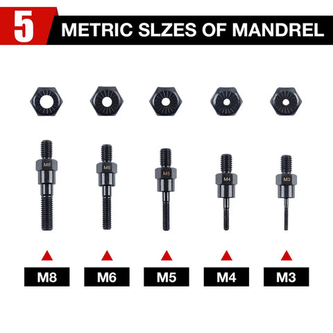 Rivet Nut Adapter Kit For Cordless Drill showing M3 to M8 mandrel sizes with five hex nuts and mandrels in a row