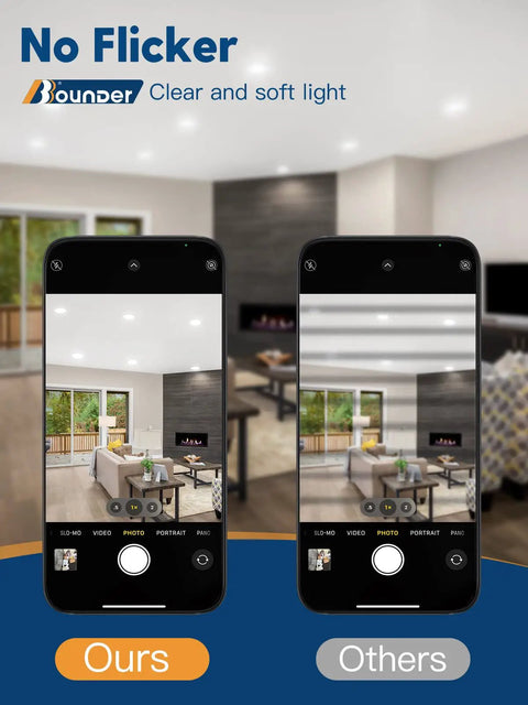 Comparison of 12 Pack 4 Inch LED Can Lights Retrofit Recessed Downlights with non-LED lights in living room, showing no flicker effect.