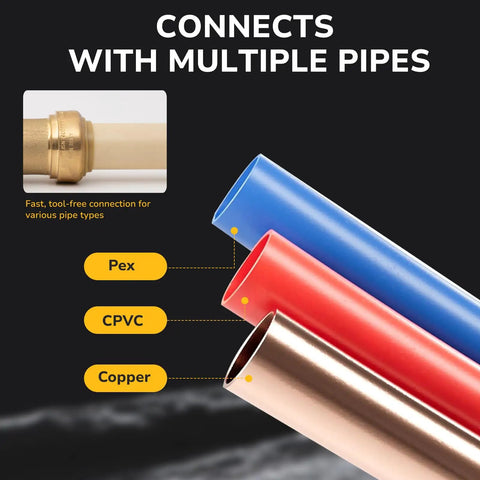 Three Quarter Inch Push To Connect Ball Valve Fitting connects with PEX, CPVC, copper pipes for fast flow and shutoff controls.