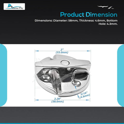 Top Tier 316 Marine Grade Stainless Steel Deck Hatch Latch featuring a solid grip twist lock catch, dimensions shown.