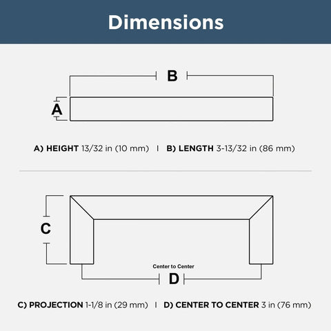Dimensions diagram for Thirty Pack Satin Gold Cabinet Handles And Heavy Duty Modern Drawer Pulls With Three Inch Hole Center for Kitchens and Dressers.