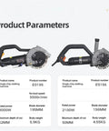 Bad Ass 195mm Electric Wall Chaser Concrete Cutter With Laser Aiming showing specifications and two models side by side.