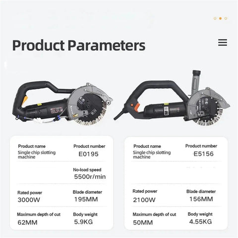 Bad Ass 195mm Electric Wall Chaser Concrete Cutter With Laser Aiming showing specifications and two models side by side.
