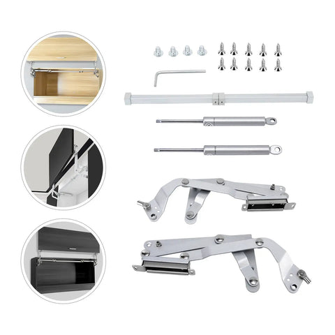 Bad Boy Pneumatic Hinge With Soft Close And Parallel Movement, Adjustable Lift Stay For Kitchen Cabinets, components and installation hardware.
