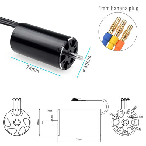 Top Shelf 4074 Brushless Motor Paired With Water Cooling Jacket For Remote Boats featuring 74mm length, 40mm diameter, and 4mm banana plugs.