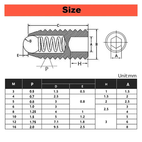Size chart for Premium 304 Stainless Steel Spring Ball Plunger Kit showing dimensions and specifications in mm.