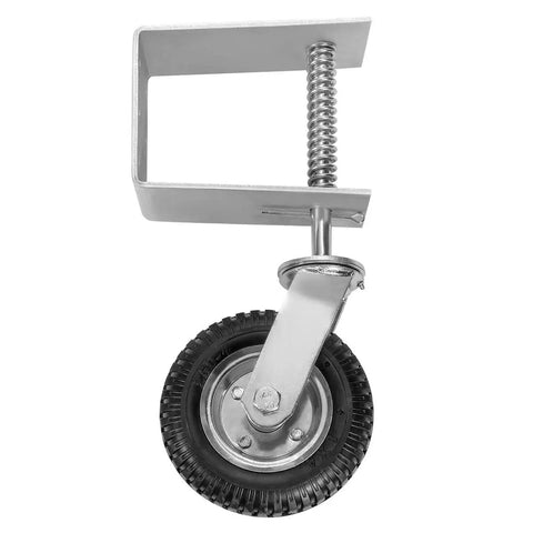 Tough As Nails 8 Inch Tire Flat Free Gate Wheel With Spring Loaded Suspension, silver metal frame, solid black rubber tire.
