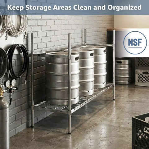 Heavy Duty Industrial Keg Rack With Adjustable Wire Shelves For Commercial Kitchens NSF Certified Steel Beverage Storage Rack supports kegs.