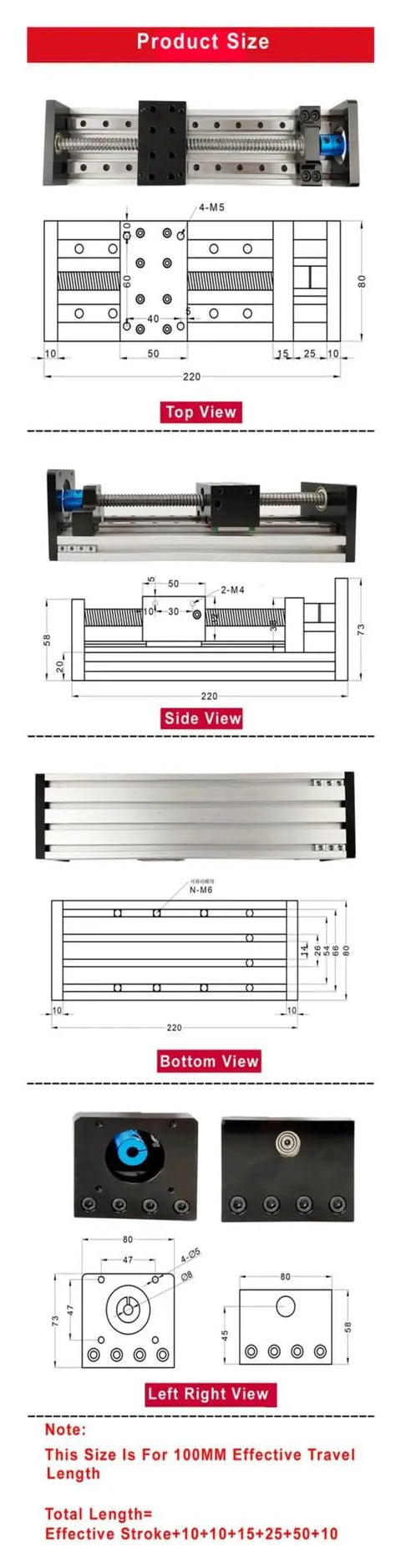 Beefy Linear Guide Motion Module Rail for CNC Tables With Nema 23 Stepper, 1610 Ballscrew, 50mm Travel, Ultra Precise 0.03mm Accuracy, 0 to 50mm per second Speed, 60kg Horizontal Load, 15kg Vertical Load, Ideal for DIY CNC and Robotics, 220mm size top view