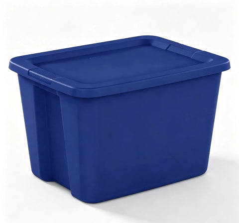 Built Tough 18 Gallon Blue Plastic Storage Tote Bin Featuring A Secure Snap On Lid For Zero Hassle Home Organization And Reliable Gear Storage Year Round, side view