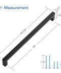 Matte Black 10 Inch Square Cabinet Pulls For Kitchen Cabinets And Drawers, 10-1/2 Inch Overall Length, with screws and measurements