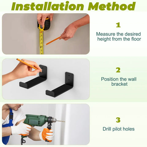 Installation steps for Heavy Duty Steel Surfboard Wall Mount Rack: measuring, positioning brackets, and drilling holes.