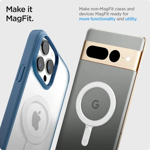 Fits Snug On Any Phone Case, Solid MagSafe Ring Plate Adapter For Wireless Charging, showing two phone cases with MagSafe features.