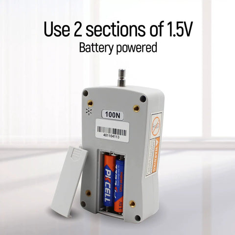 Pro Grade Digital Force Gauge Push And Pull Tester With 100N Range showing battery compartment for 2 x 1.5V batteries.
