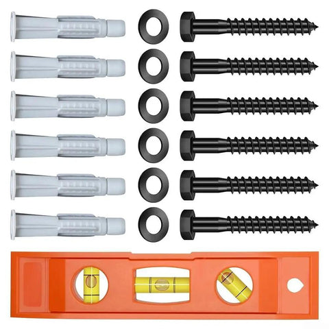 Heavy Duty TV Mount Hardware Kit With 6 M8x65mm Lag Bolts, anchors, washers, and bubble level for wood studs, concrete, or brick walls