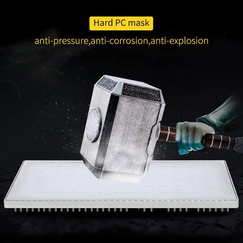 Hard PC mask with anti-pressure, anti-corrosion features shown alongside an iconic hammer for impact resistance illustration.