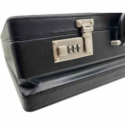Premium Black Expanding Document Portfolio With Secure Combination Lock on slick vinyl case side.