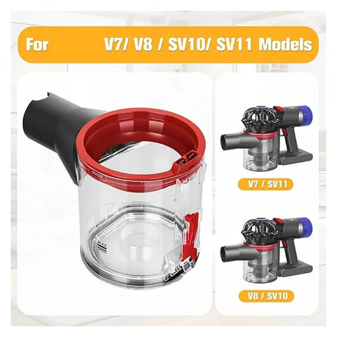 Upgrade Your Dyson V7, V8, SV10, Or SV11 With This High Capacity Replacement Dust Cup and Trash Can Container showing dust bin design.