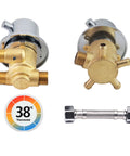 Four Way Brass Shower Valve With G Half Inch Threads And Versatile Two Three Or Four Outlet Config features 38C thermostat and metal hose.