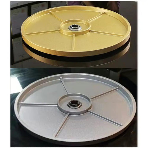 Heavy Duty Tempered Glass Lazy Susan Roller Tray Matte Black 31 Inch Round Dining Table Spinner showing gold and silver finishes.