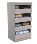 Super Slick Modular Closet Storage Organizer With Four Stackable Drawers In Taupe with solid back panel showcasing neatly folded linens.