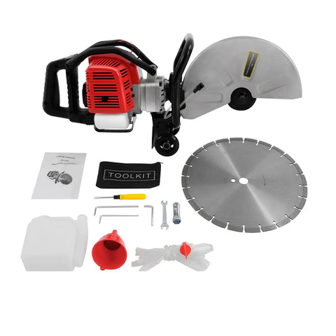 High Output 52Cc Gas Cut Off Saw Cracks Asphalt Like A Warm Knife Through Butter Utilizing 1400 Watt Motor And 1800 Rpm Speed Plus Wet Disk Design with accessories.