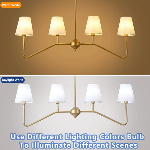 39 Inch Four Light Gold Island Pendant With White Fabric Shade Modern Dining Room Chandelier For Kitchen Island Foyer And Living Room E12 Bulb Base Gold Finish displaying warm and daylight settings