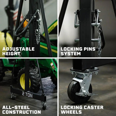 Adjustable Gantry Crane Frame For Lifting Up To 2 Ton Portable Shop Hoist With Locking Wheels Height Adjustable To 12 Feet Durable Steel Construction 4000 Lb Capacity Frame Only, highlighting locking pins, adjustable height, and caster wheels.