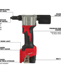 Heavy Duty 10.75 Inch M12 Cordless Rivet Tool Kit featuring 2000 Pound Pull Force and Premium Steel Alloy Jaws detail.