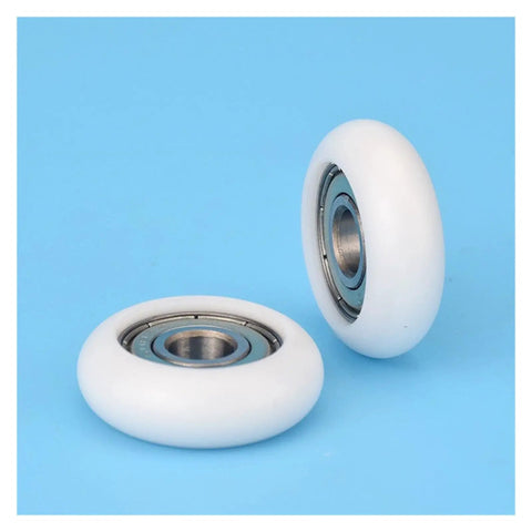 20 Piece Circular Arc Nylon Pulley Roller With High Grade Plastic Coated Bearing For Smooth Sliding Door And Glass Window Hardware Track Wheel Bore 8Mm Diameter 34Mm Heavy Duty Replacement Parts For Furniture Drawers And Shower Rooms Solid Durability, close-up view of two white nylon rollers.