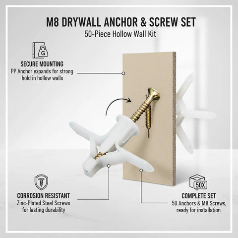 50 Pack M8 Drywall Anchors With Zinc Plated Screws Heavy Duty Hollow Wall Anchor Kit For Secure Mounting On Gypsum Board Perfect For Shelves TV Brackets And Other Wall Mounts displayed with anchor and screw penetrating drywall sample