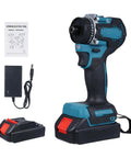Heavy Duty 21V Cordless Drill With Brushless Motor And 55Nm Torque rechargeable power tool with battery and charger.