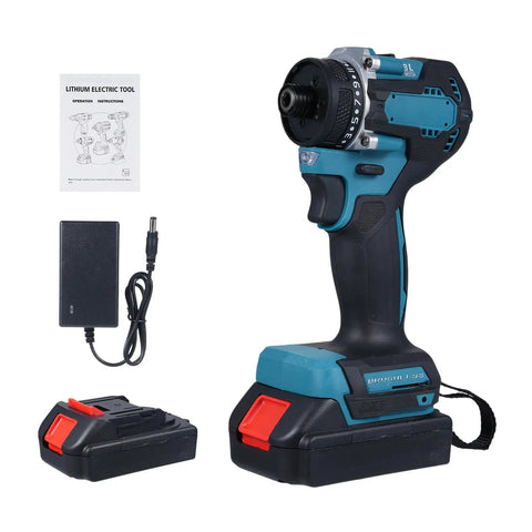 Heavy Duty 21V Cordless Drill With Brushless Motor And 55Nm Torque, charger, battery, and manual for efficient use.