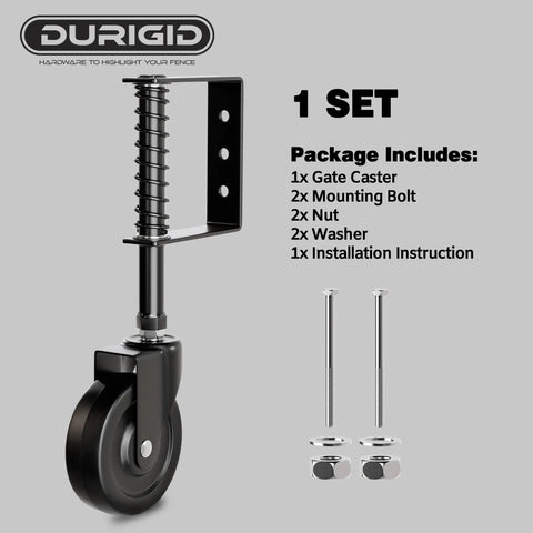 4 Inch Spring Loaded Gate Wheel With Built Like A Tank Shock Absorption, Heavy Duty Fence Caster For Wooden Gates, 200 Lb Capacity Outdoor Glide Roller with mounting hardware.