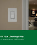 Super Sleek LED Dimmer Switch Compatible With Single Pole Or Three Way Wiring on a wall with soft lighting.