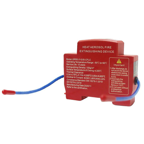 Smart Din Rail Fire Extinguisher Featuring Auto Heat Aerosol Release Ideal For Circuit Breaker Panels And Home Switchgear To Tackle Flames Smooth Zero Sweat Guaranteed, side view showing compact design.