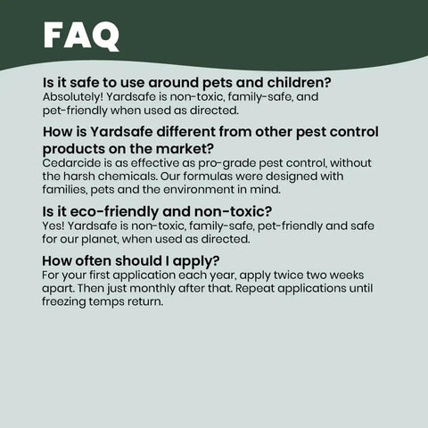 FAQ on safety and effectiveness of YardSafe Natural Bug Killer And Repellent For Mosquitoes, Ticks, Fleas, Mites And More