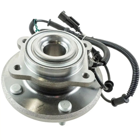 Heavy Duty Wheel Hub And Bearing Set Assembly Matching Left And Right Positions With A Slick Plug And Play Setup And Beefy Construction For A Smooth Everyday Commute Feel close-up view of front wheel hub bearing with sealed units and wiring.