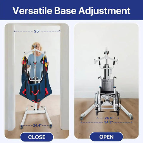 Rock Solid Folding Electric Patient Transfer Lift 440 Lbs Capacity showing versatile base adjustment features and caregiver support.