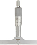 Vernier Depth Gauge Micrometer Style Pro Grade 0 To 1 Inch Range With 0.001 Inch Graduation, satin chrome base, rod, and clamp visible