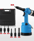 Heavy Duty Pneumatic Nail Gun And Air Riveter Featuring One Key Automatic Tensioning For Knockout Riveting Speed Built Like A Tank For Real Deal Job Site Hustle with attachments in a carrying case.