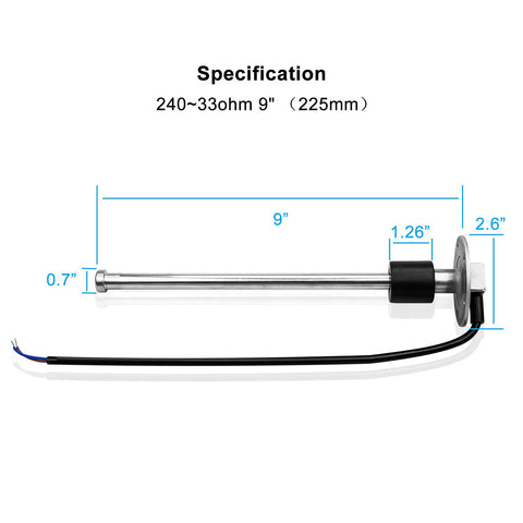 Hefty 316 Stainless Steel Fuel Level Sender With Plug And Play Installation For Marine Boat Truck And Car Gas Or Water Tanks showing specifications and dimensions.