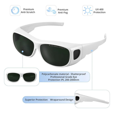 Tough IPL Laser Safety Glasses Lock In Eye Protection With Ansi Z87 Stamp And Broad 200 To 2000Nm Filter For Hair Removal And Med Spas. Lightweight white frames with anti-scratch and anti-fog features.