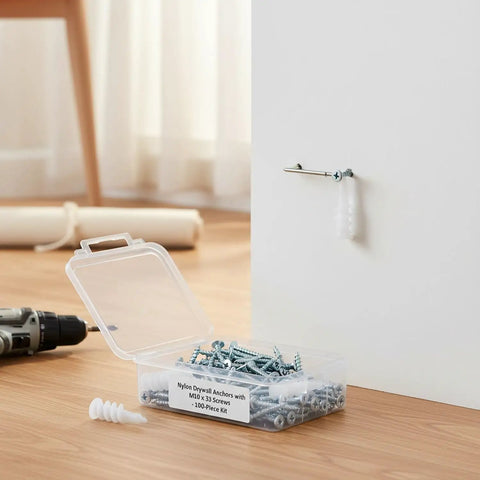 M10 Nylon Drywall Anchors With Screws 100 Pack For Hollow Walls shown in a box and installed on gypsum board.