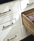 Vintage Yellow Bronze Cabinet Handles 6 Pack 320mm Drawer Knobs And Door Pulls For Kitchen Cupboards Antique Brass RB Finish Zinc Alloy Hardware Durable Zinc Alloy Construction With Electroplated Finish For Lasting Shine on white drawers with open wooden drawer showing contents