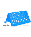 Triangular Microscope Slide Drying Rack 4 Pack Chemical Resistant Plastic Lab Equipment Holder in blue color, dimensions 6.48in x 4.32in x 3.14in.
