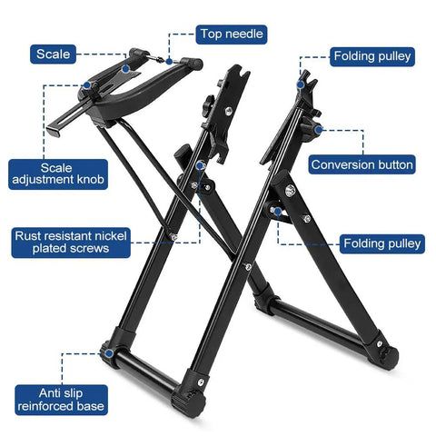 Foldable Bike Wheel Truing Stand With Spoke Wrench For Home Mechanics Aluminum Alloy Frame showing parts and features labeled
