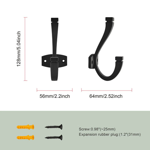 Dimensions and hardware for Matte Black 5 Pack Coat And Hat Wall Hooks Double Hooks For Hanging Towels Bags Backpacks Purses