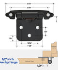 Half Inch Overlay Black Face Mount Cabinet Hinges Set 50 Pack 25 Pairs Self Closing Semi Concealed with Bumpers diagram