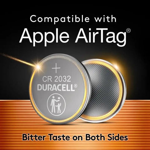 Heavy Duty Cr2032 Lithium Coin Battery 3V 4 Pack showing Duracell CR2032 batteries compatible with Apple AirTag.